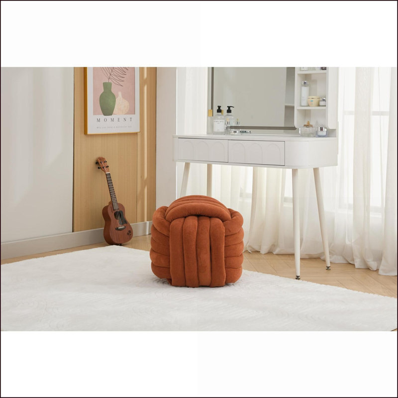 Ottoman Modern Knot Design Footstool for Living Room, Bedroom | Chenille Fabric | Orange, Orange