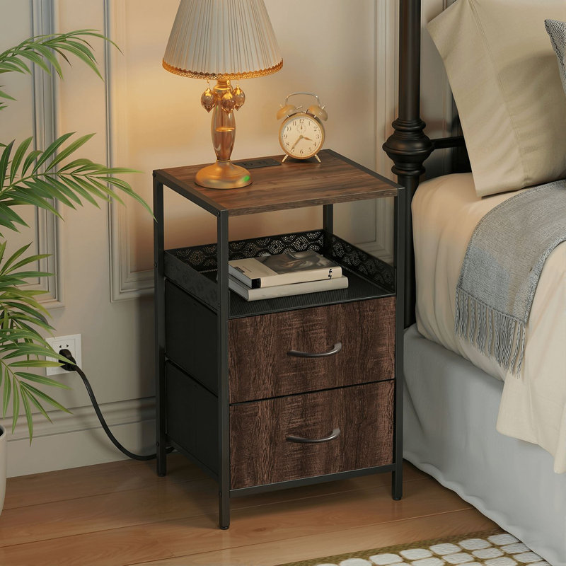  24.2" 2 - Drawer Nightstand Rich Dark Brown Wood Texture Rustic Grain Patterns Side Table with Charging Station Iron Frame Bedside Table