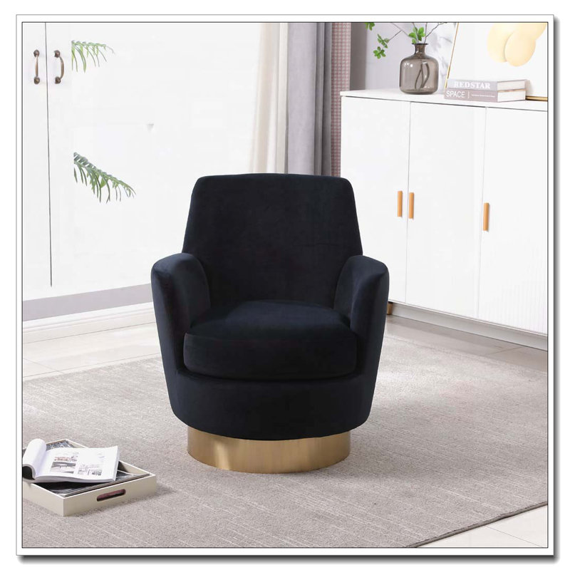 Swivel Barrel Chair with Gold Stainless Steel Base, Black