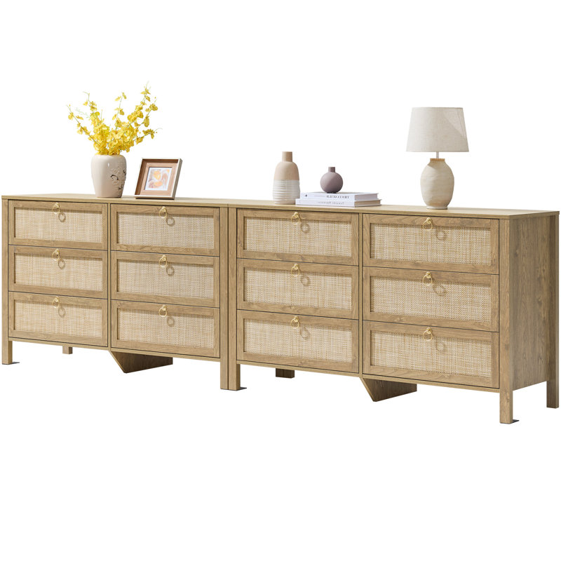Commode à 6 tiroirs en rotin l 51 po avec poignées dorées Poororo, Carbone cerise