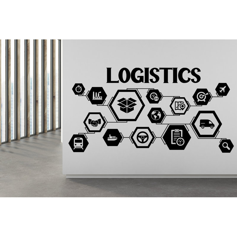 Logistics Wall Decal Planning Management Transport Inventory Packaging Distribution, Matte Black, 45" H x 87" W
