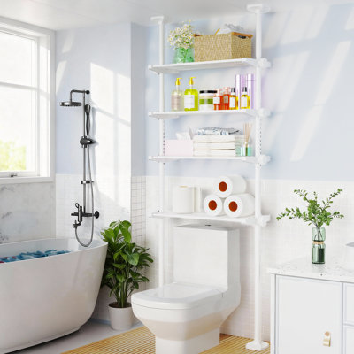Tablette de rangement au-dessus de la toilette, organisateur de salle de bain réglable au-dessus de la toilette à 4 niveaux, support de rangement de salle de bain fixé au plafond pour les plafonds, étagère peu encombrante pour les petites pièces, blanc