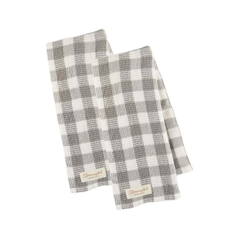  Ensemble de 2 serviettes de toilette gaufrées délavées, damier olive, Gris