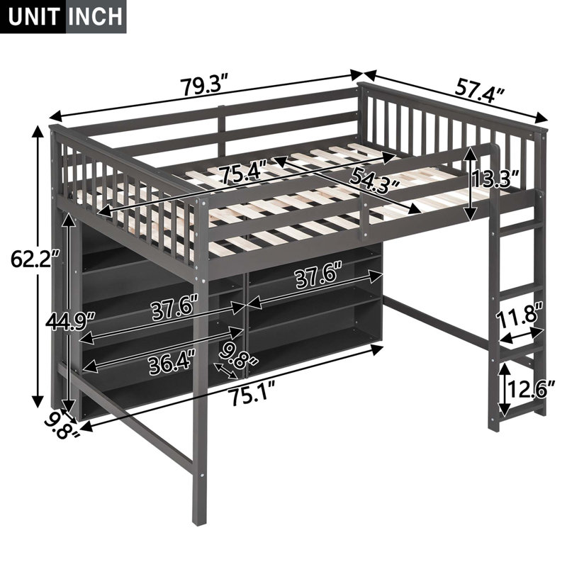 Lit mezzanine avec 8 tablettes de rangement ouvertes et échelle intégrée, gris, Complète