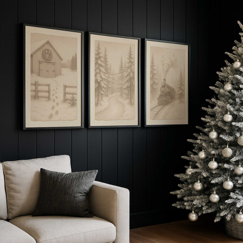 Ensemble de 3 reproductions Pathway to Christmas, H 17,5 po x l 40,5 po, Érable américain