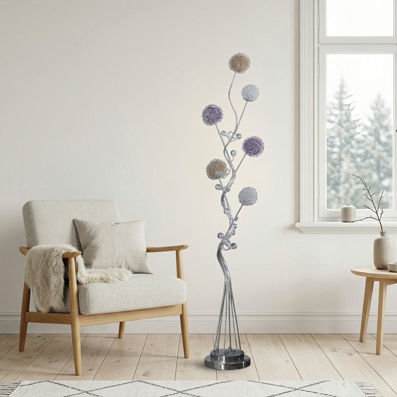 Lampe sur pied 6 lumières DEL en aluminium avec abat-jour ambre, mauve et argent, base chromée, interrupteur au pied, 57,5 po
