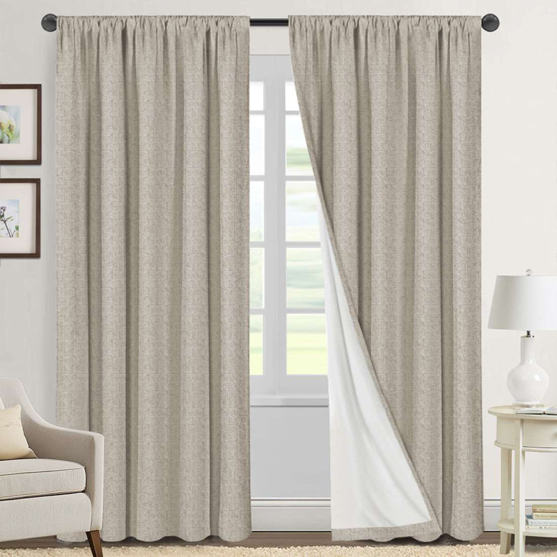 Linen Look 100% Blackout Curtains for Bedroom Full Light Blocking Rod Pocket 42 Inches Wide Linen Textured Thick Window Curtain Drapes with Backing