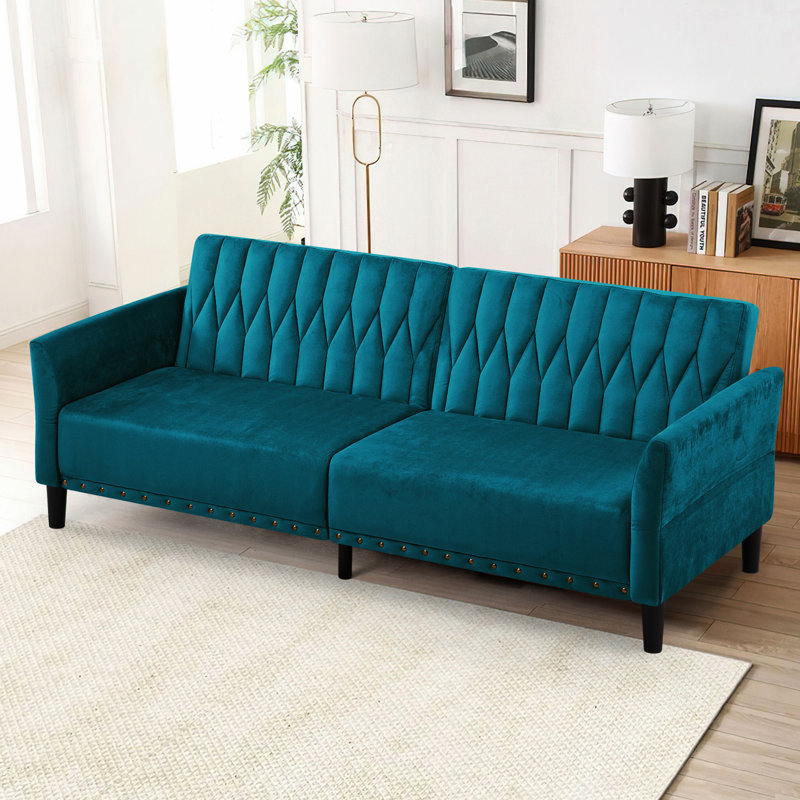 Wallasse 78'' Velvet Reclining Sleeper Sofa, Teal