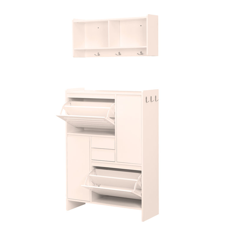 Multi-Functional Tipping Bucket Shoe Cabinet with Wall Cabinet, Space-saving Design Foyer Cabinet with 2 Flip Drawers, White