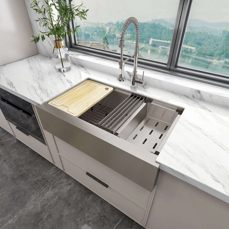 Sinber 33" Farmhouse Apron-Front Single Bowl Workstation Kitchen Sink, 16-Gauge T304 Stainless Steel, Satin Finish