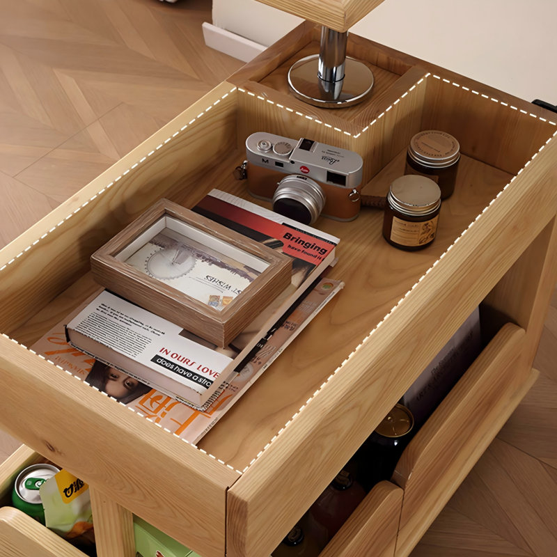 Modern Minimalist Solid Wood Natural Color Height - Adjustable Rotating Mobile Side Table
