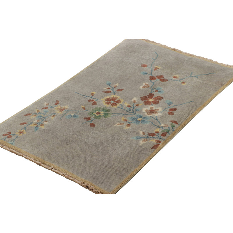 Art Deco Hand Knotted Wool Floral Area Rug, Rectangle 5' x 8'