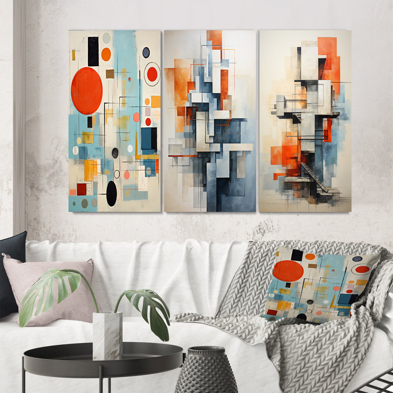 «Blue Orange Mid Century Abstract Retro», 3 pièces sur toile, H 20 po x l 36 po, Toile tendue