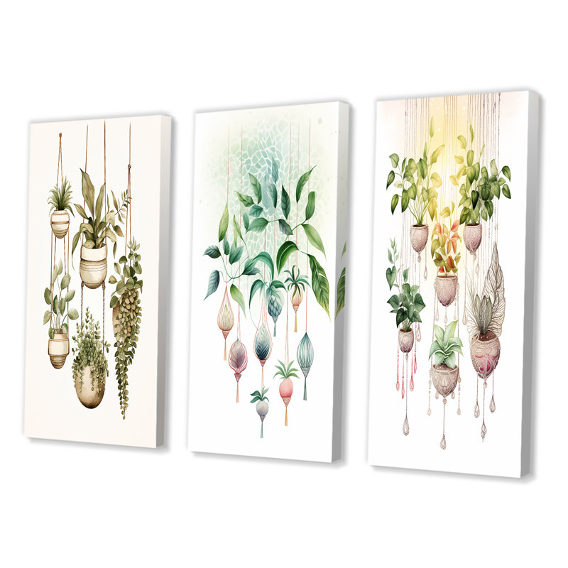 «Boho Botanical Joyful Hanging Houseplants», 3 pièces sur toile, Toile tendue, H 20 po x l 36 po