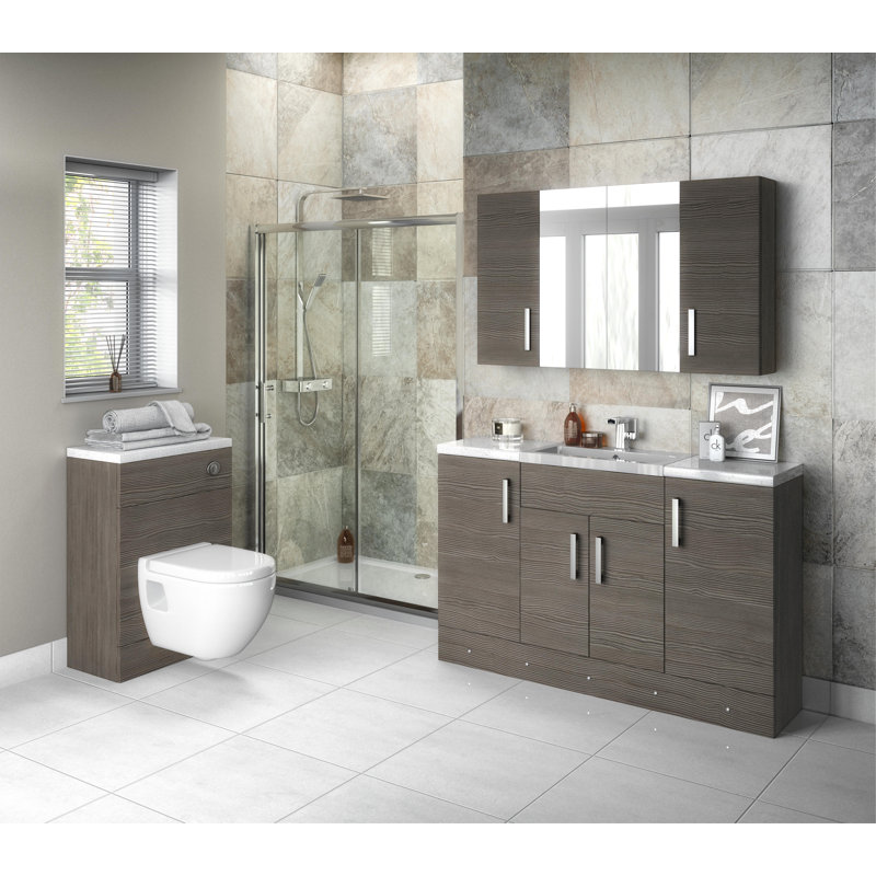 Fusion Surface Framed Mirrored Bathroom Cabinets with Mirror and 1 Adjustable Shelves, Brown Grey Avola