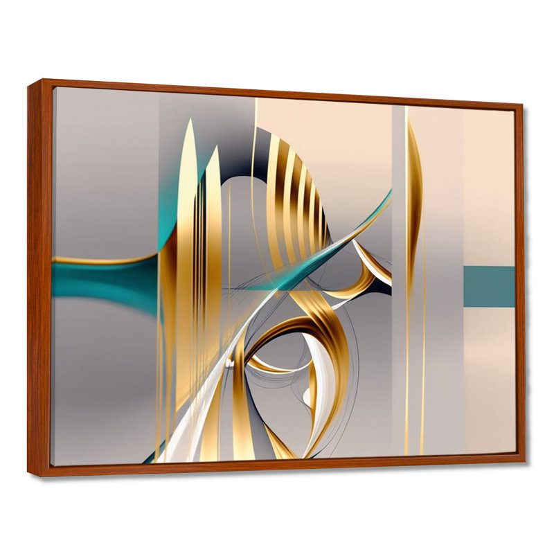 «Minimal Gold Abstraction On Turquoise Horizon I», art mural fractales, 30" H x 40" W, Brown Floater Framed