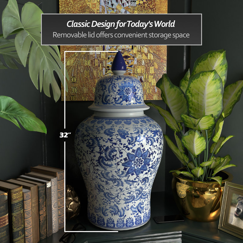 Pot de temple chinois intemporel, Motif floral bleu, 32"