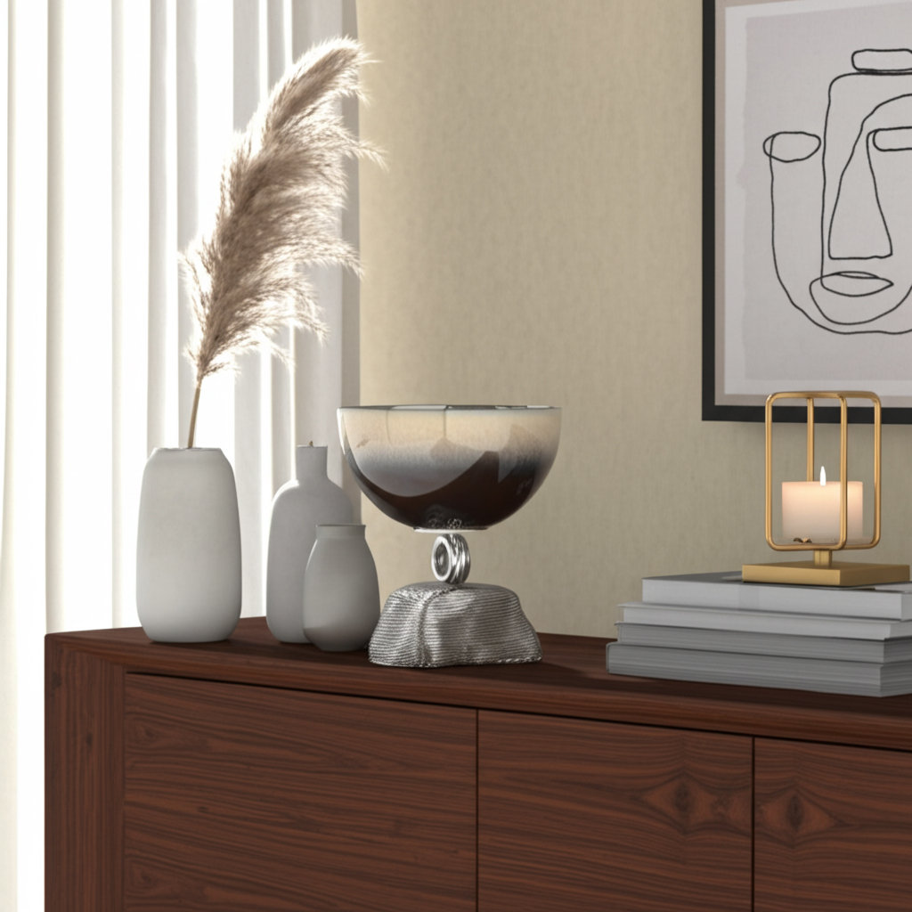 Glass Round Ribbed Bowl On Metal Base Bungalow Rose 