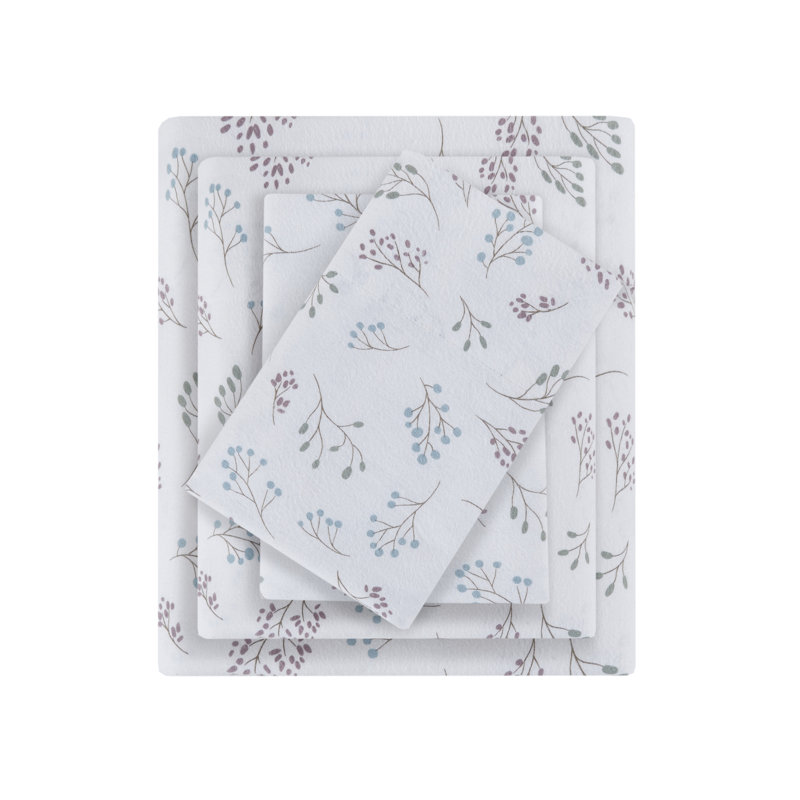 4 Pieces 100% Cotton Flannel Printed Sheet Set,White Tossed Botanical, White Multi Floral, King Sheet Set