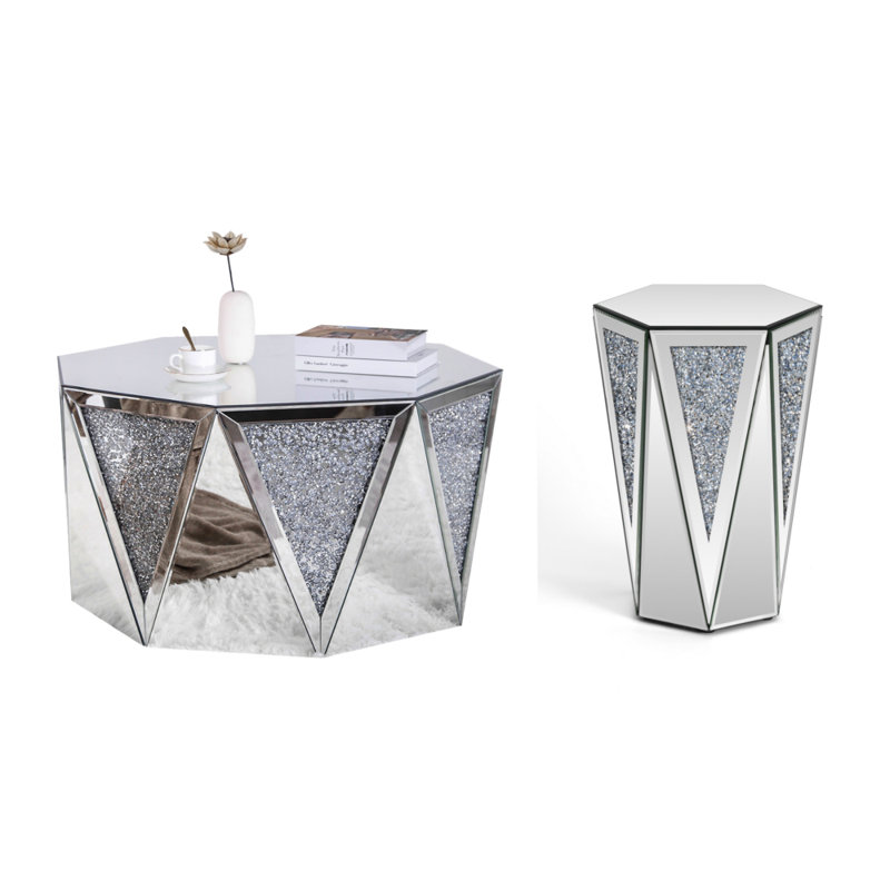 Table basse à miroir 31 po + table de bout hexagonale en cristal H 20 po 2 pièces