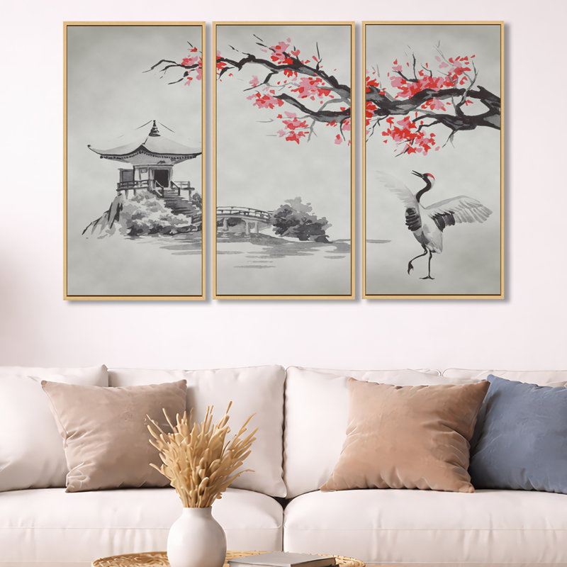 Mont Fuji japonais avec sakura - reproduction de cadre flottant 3 pièces sur toile, H 32 po x l 48 po x P 1 po, Doré
