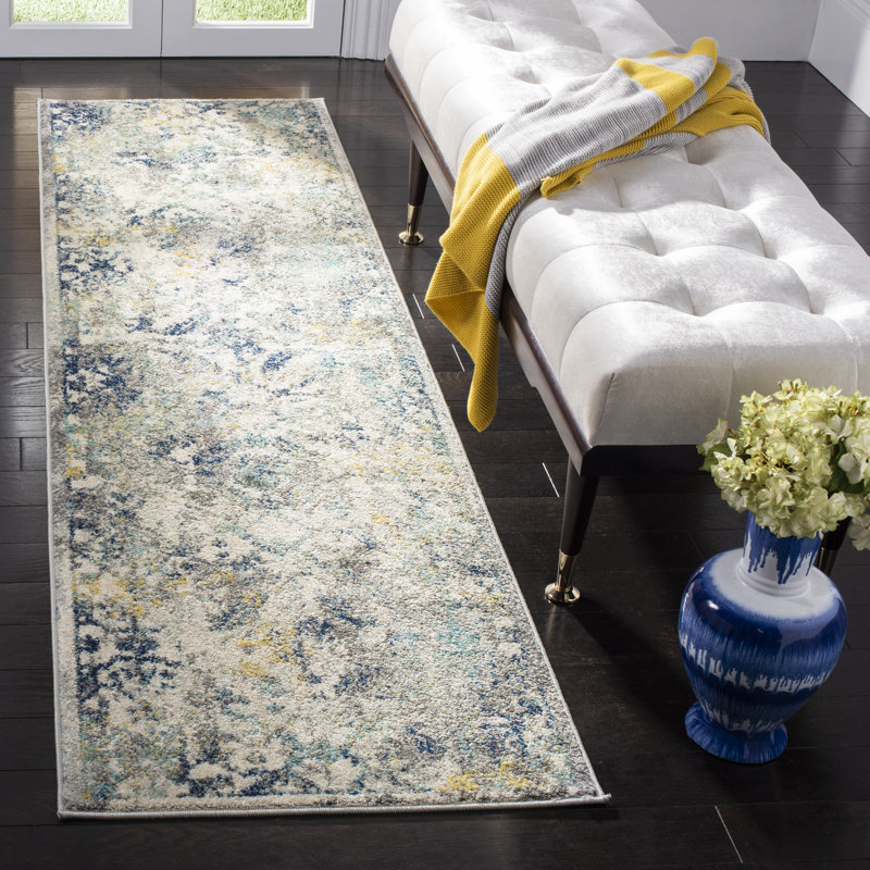 Tapis ivoire / bleu Christa, Tapis de couloir 2 pi 3 po x 8 pi