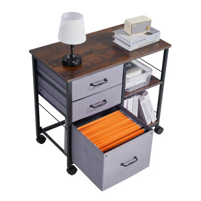 Classeur mobile moderne avec roulettes, 3 tiroirs en tissu et tablettes ouvertes - Chariot de rangement industriel en métal pour bureau à domicile