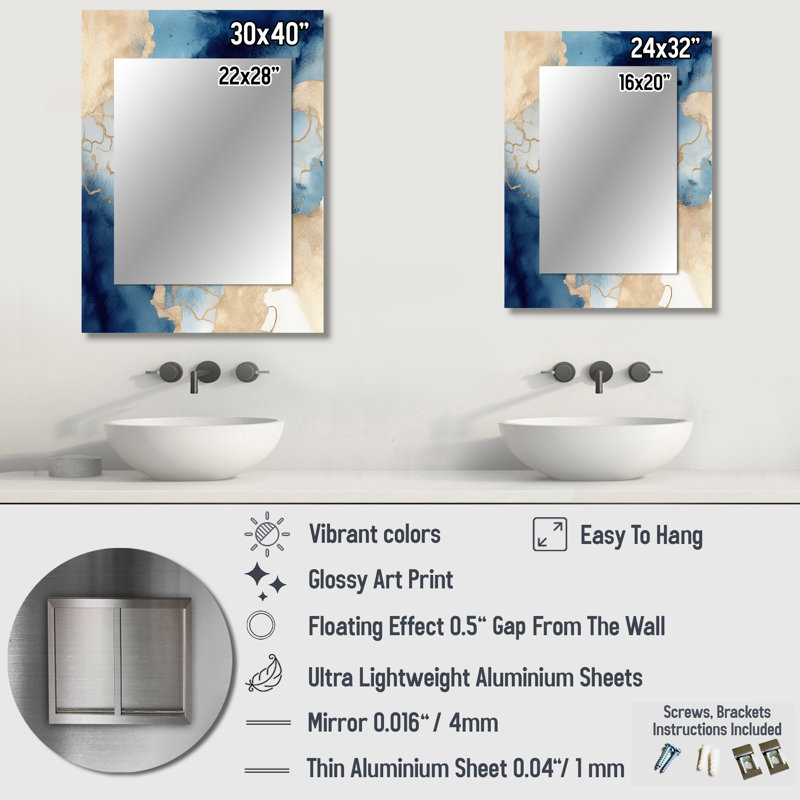 Blue and Gold Marble Clouds VIII - Blue Wall Mirror Decor, 32 po x 24 po