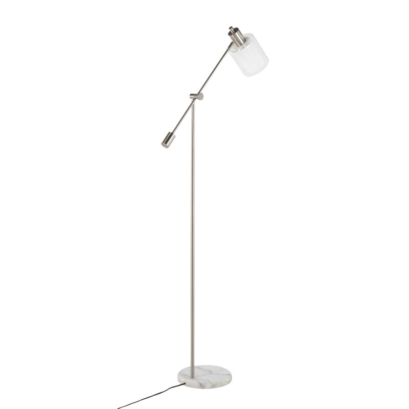 Lampe sur pied Contemporary Glam, marbre blanc et métal nickel avec abat-jour en verre transparent et givré