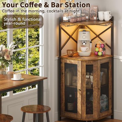  Jksmart Corner Bar Cabinet, Industrial-Style Wine Cabinet with Glass Rack, Four-Tier Wine Cabinet with Doors and Shelves, Rustic-Style Home Bar Cabinet Ideal for Storing Spirits, Wine, and Coffee, Vintage Brown