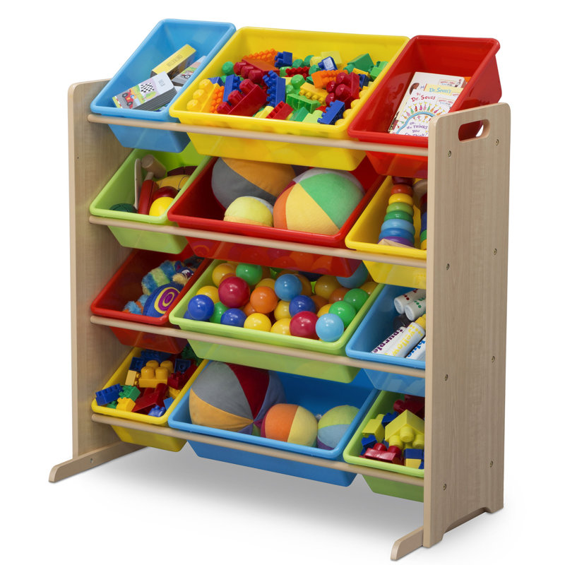 Natural Wood Kids Storage Organizer with Primary Color Bins