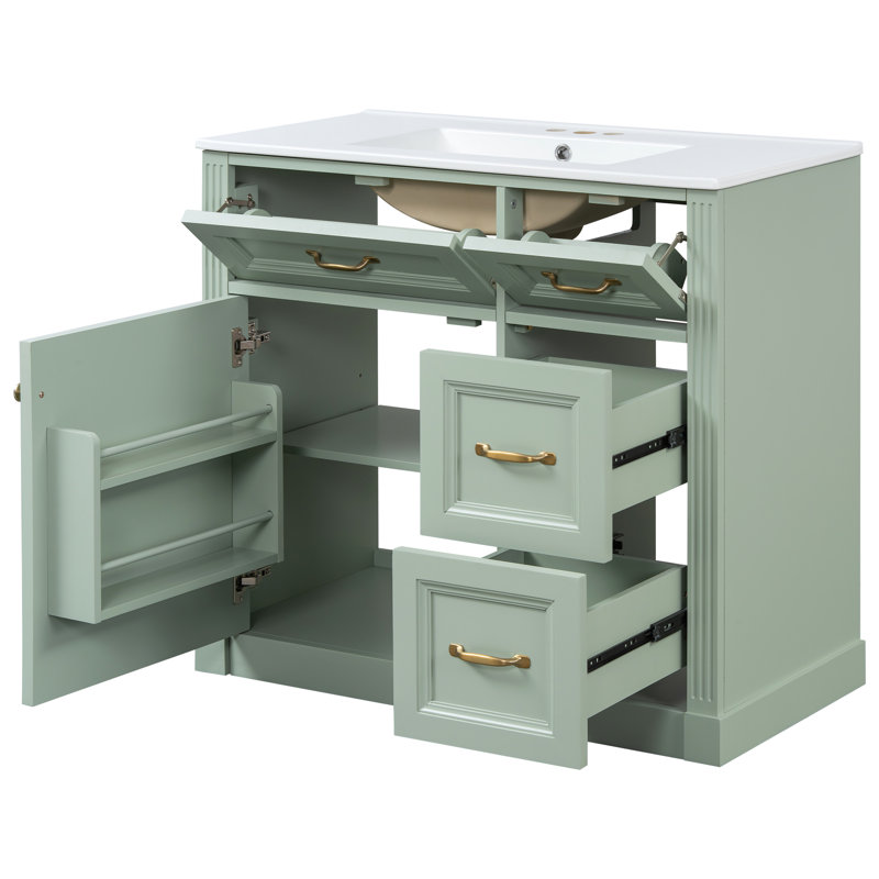 36" Bathroom Vanity With Sink, Ceramic Sink, 2 Tip-out Drawers, Soft Close Door Hinges, Green