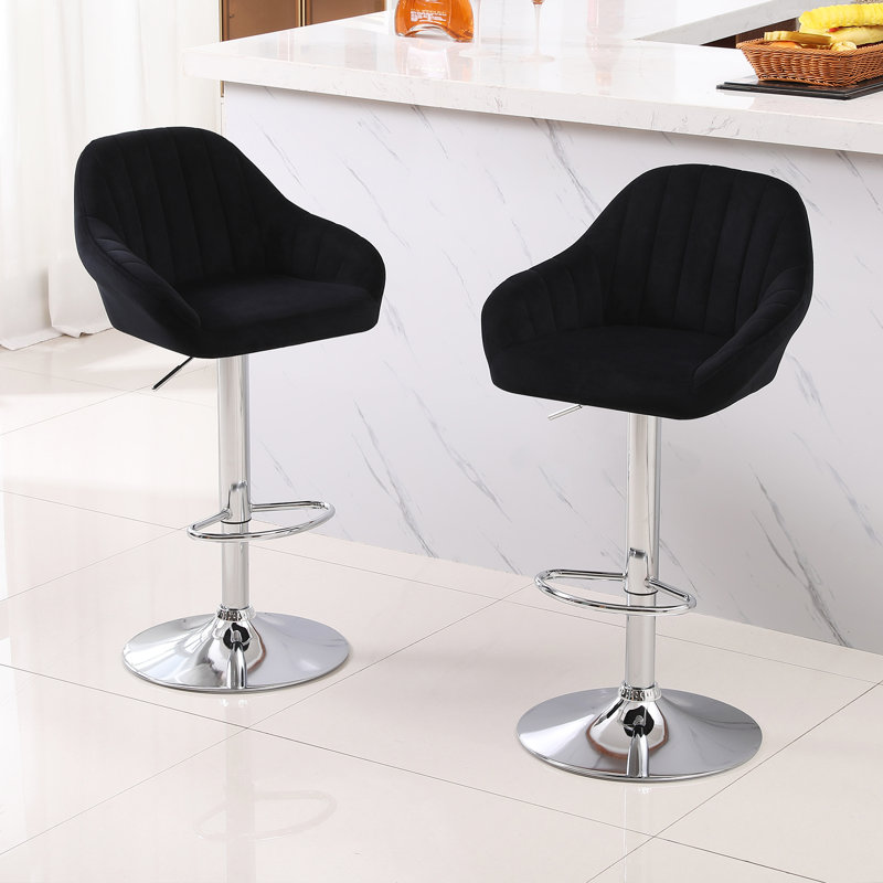 Swivel Upholstered Velvet Adjustable Height Bar Stool, Black