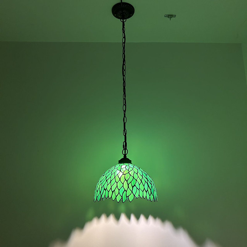 Green Stained Glass Leaves LED Pendant Light with Bronze Finish