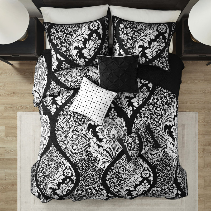 Ensemble de literie 6 pièces aux couleurs contrastantes - Coussins noirs / doubles, Noir