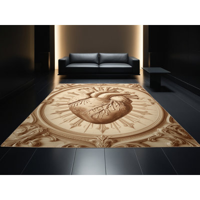 Tapis traditionnel orné Bates lavable à la machine en brun - reliure beige