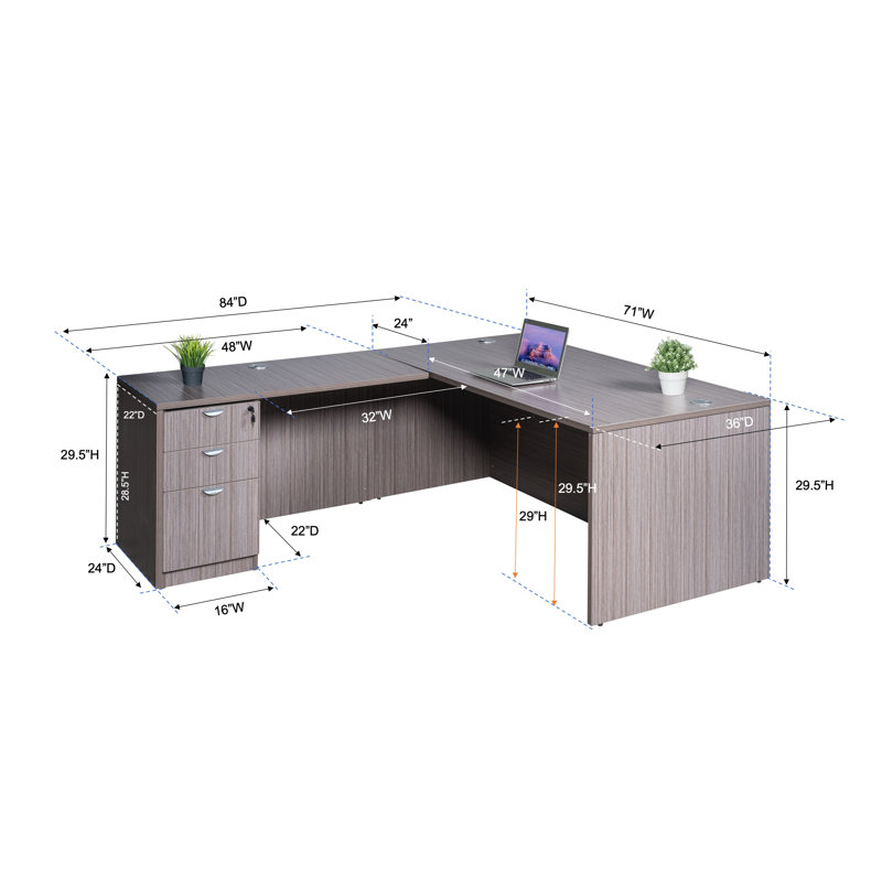L shaped Office Executive Desk with File Cabinets, 71"W X 36"D X 29.5"H, Driftwood