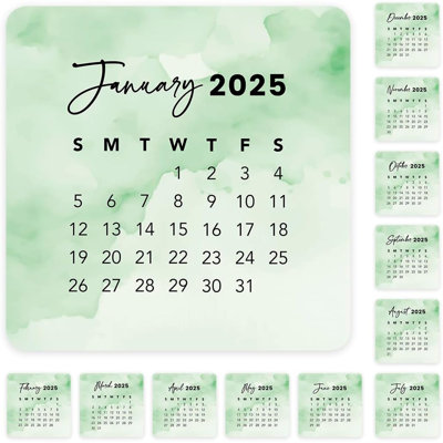 Green Watercolor Monthly Planner Labels Square 2025 Calendar Journaling Organization 40 Pack