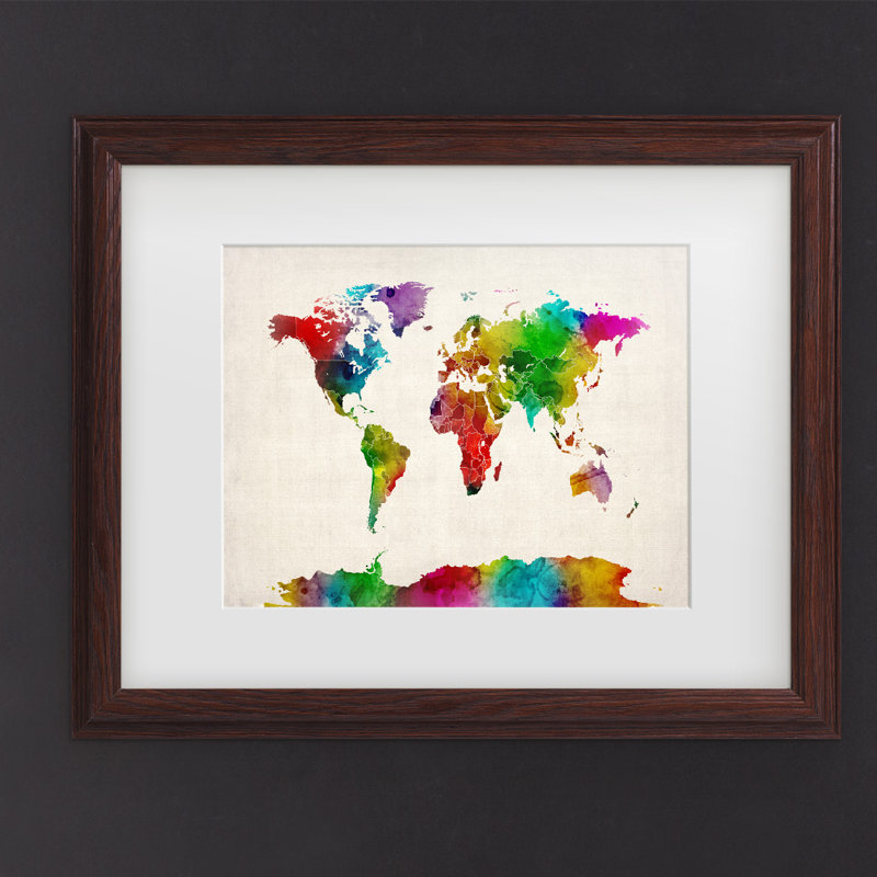 « world map ii », reproduction de peinture à l’aquarelle sur toile, H 16 po x l 20 po x P 0,5 po, Cadre brun