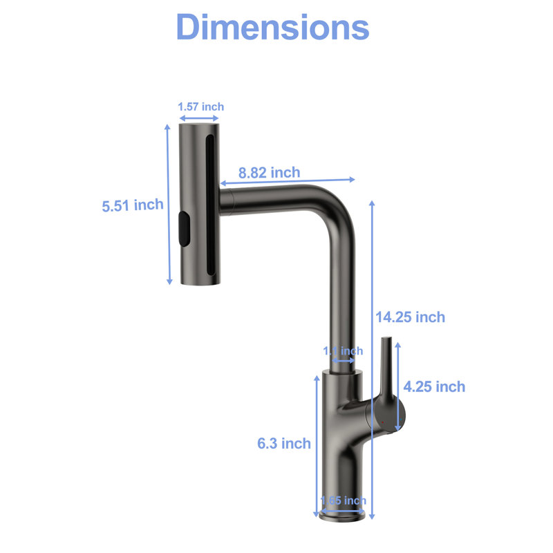 Gunmetal Stainless Steel 360 Pull - Down Kitchen Faucet, 4 Spray Options For Everyday Tasks, Splash Operation, Ceramic Cartridge, Complete Package, 1.1 Inches Handle Height Modes Black Design,