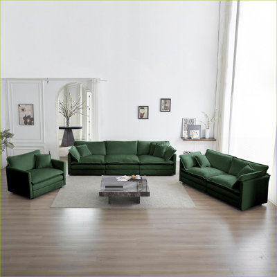 Canapé modulaire, ensemble modulaire à assise très profonde 3 pièces pour salon | Vert sauge | Chenille