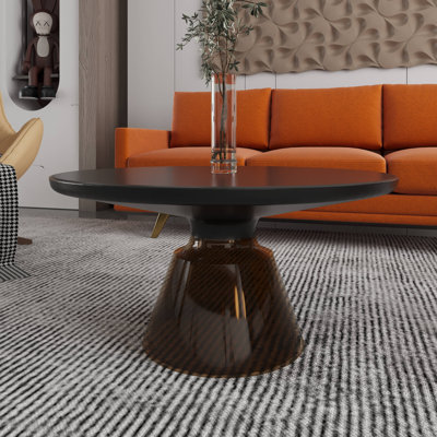 30" Round Coffee Table Glass/Sintered Stone Top With Powder-Coated Black Rim And Tempered Glass Base