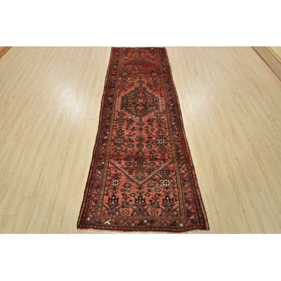 Tapis rouge rétro en laine noué à la main 3 pi 6 po x 9 pi 7 po Tribal Vintage