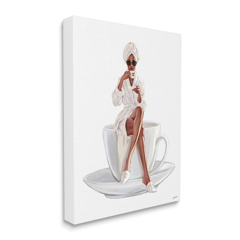 "Chic Coffee Teacup Woman" en sirotant des lunettes de soleil sur toile tendue par Ziwei Li, H 20 po x l 16 po, Toile tendue