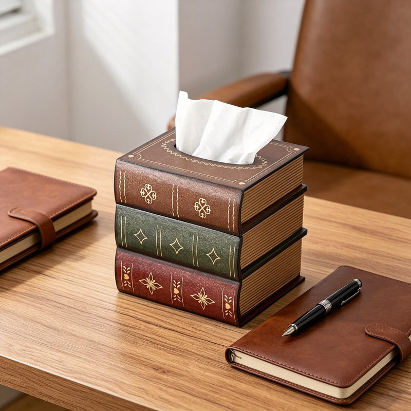 Antique Wooden Book Tissue Holder, Square Tissue Box Cover Decorative Cube Tissue Dispenser Retro Napkin Holder for Bathroom Bookshelves Library Office Brown Lid