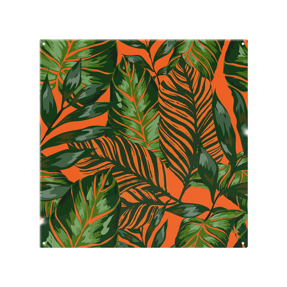 Green Tropical Leaves On Orange Splash Back