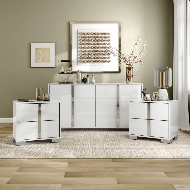 Ensemble de tables de chevet et commode 3 pièces Duckworth, Blanc, 3 pièces: commode, 2 tables de chevet
