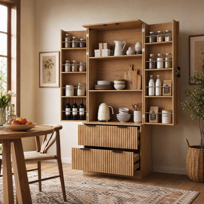 Fluted Kitchen Pantry Cabinet with Drawers and Door Spice Racks, Freestanding Storage Organizer
