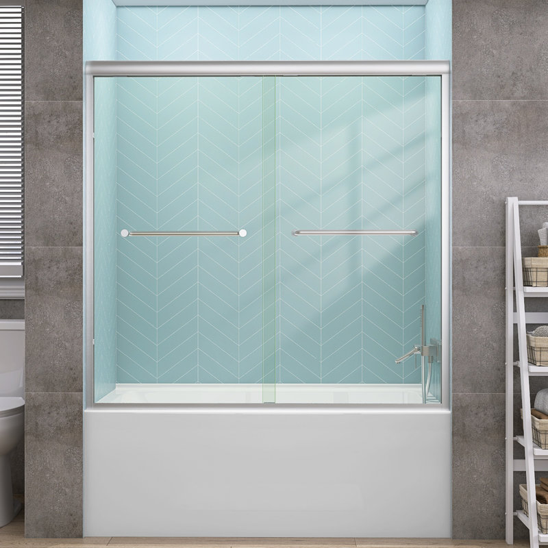 Porte de baignoire coulissante double avec cadre en alcôve avec verre trempé de 56 à 60 po x H 58 po, Nickel brossé