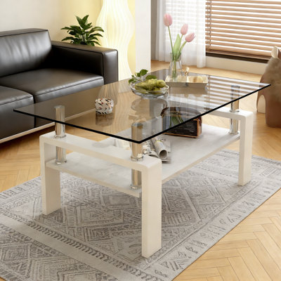 Table basse en verre trempé, base rectangulaire en panneau de fibres à densité moyenne, design de salon moderne